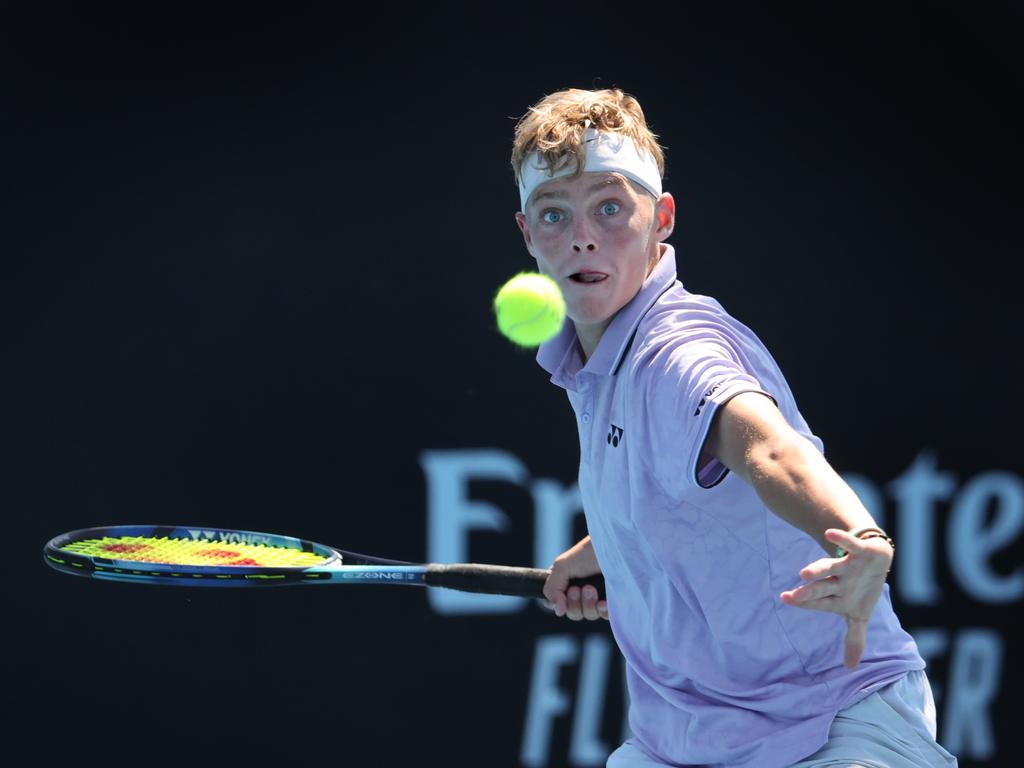 Cruz Hewitt playing on Court 10 at Melbourne Park. He is a wildcard in his first under 18 championship. Picture: David Caird