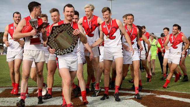 Unbeaten Flagstaff Hill led by Captain, Michael Shearer, defeated Noarlunga, in the Southern Football League Grand Final, to claim the cup and the shield for the fifth time ion a row. Picture: Dean Martin