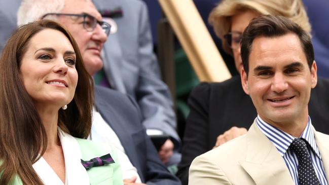 Kate Middleton and Roger Federer in the Royal Box at Wimbledon today. Picture: Clive Brunskill/Getty Images