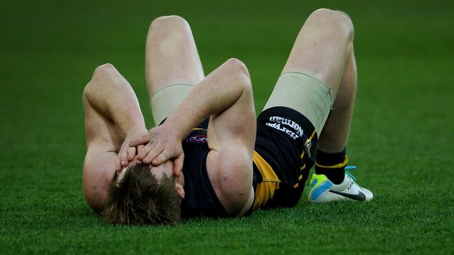 Jack Riewoldt laments another elimination final defeat. Picture: Colleen Petch