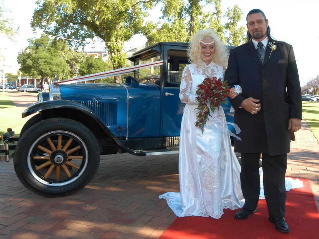 Brothel owner madam Stormy Summers with Gypsy Jokers motorcycle club president Steve Williams before her wedding ceremony in Light Square in 2003.