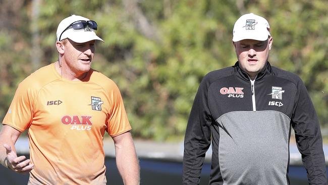 Port Adelaide assistant Michael Voss with Chris Davies. Picture: Sarah Reed.