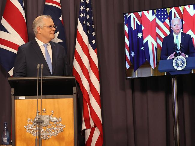 Scott Morrison announcing the AUKUS deal with US President Joe Biden. Picture: NewsWire/Gary Ramage