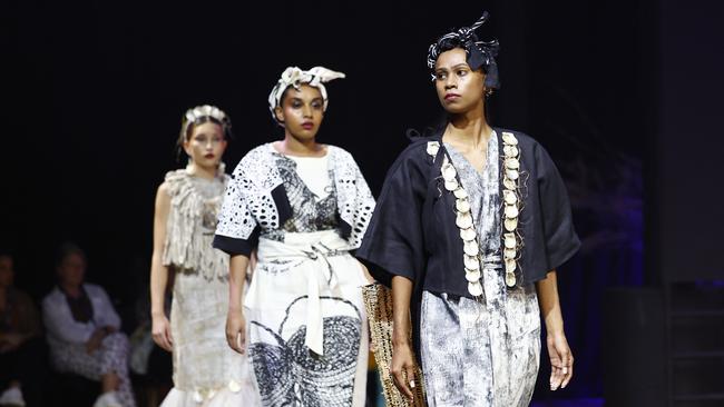 Models wear Delvene Cockatoo-Collins designs at the Cairns Indigenous Art Fair fashion performance, Woven, held at the Tanks Arts Centre, Edge Hill. Picture: Brendan Radke
