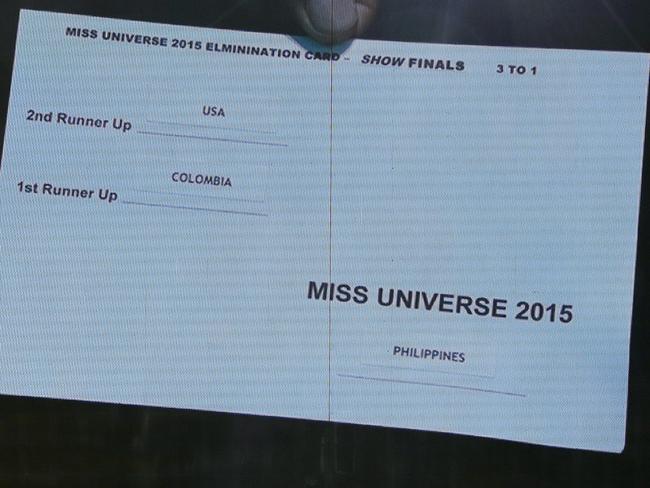 The cue card ... with the winners that was displayed on a screen at the Miss Universe pageant. Picture: AP