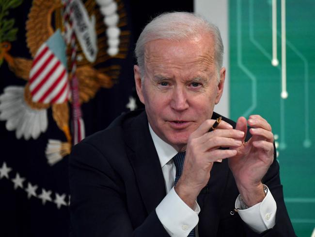 US President Joe Biden meets with business leaders to discuss the Bipartisan Innovation Act, in the South Court Auditorium of the Eisenhower Executive Office Building, near the White House, in Washington, DC, on March 9, 2022. (Photo by Nicholas Kamm / AFP)