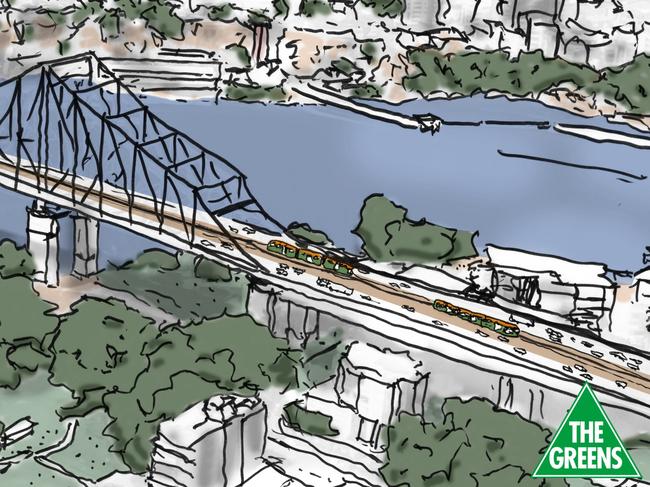 Artist impression images of a plan put forward by The Greens ahead of the Brisbane City Council election to bring trams back to Brisbane. Photo: Supplied.