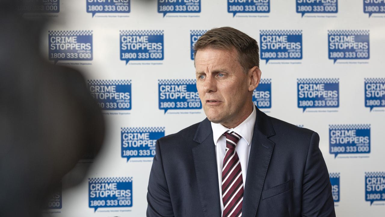 Detective Inspector Heath McQueen addresses media in relation to a homicide investigation after the death of Gatton man Jim Hill, Thursday, May 9, 2024. Picture: Kevin Farmer