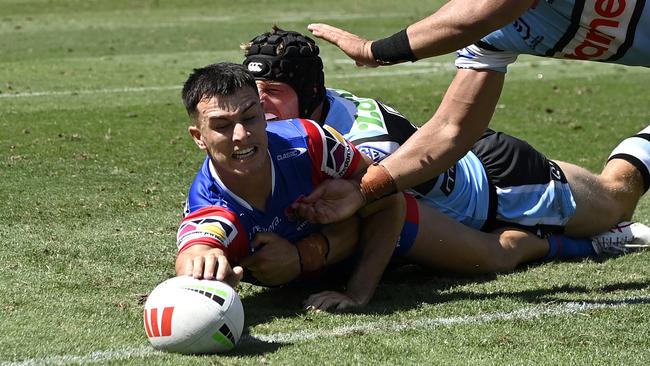 PRE 2024 RD01 Newcastle Knights v Cronulla-Sutherland Sharks - David Armstrong, try, celeb. Picture: NRL Photos