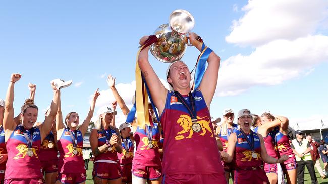 While the players were celebrating, the Lions akota were already making space in their new trophy cabinet after their second AFLW premiership win. Picture: Getty Images.