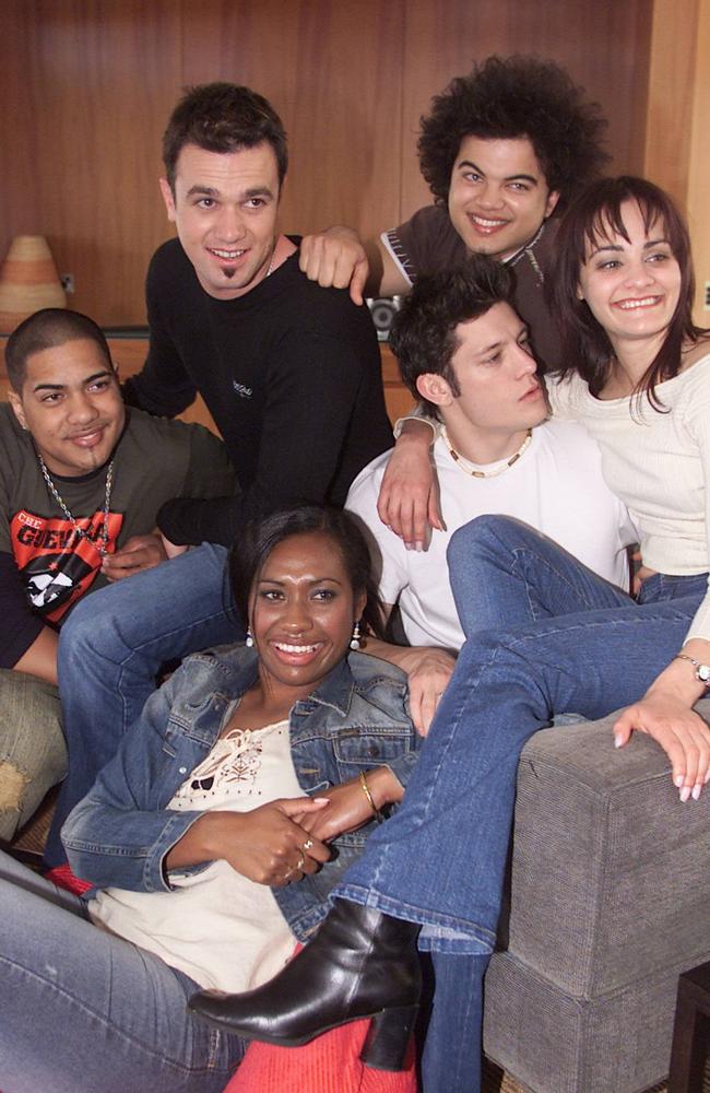 Levi Kereama, Shannon Noll, Guy Sebastian, Paulini Curuenavuli, Rob Mills and Cosima De Vito, inside the Idol house in 2003. Picture: Supplied