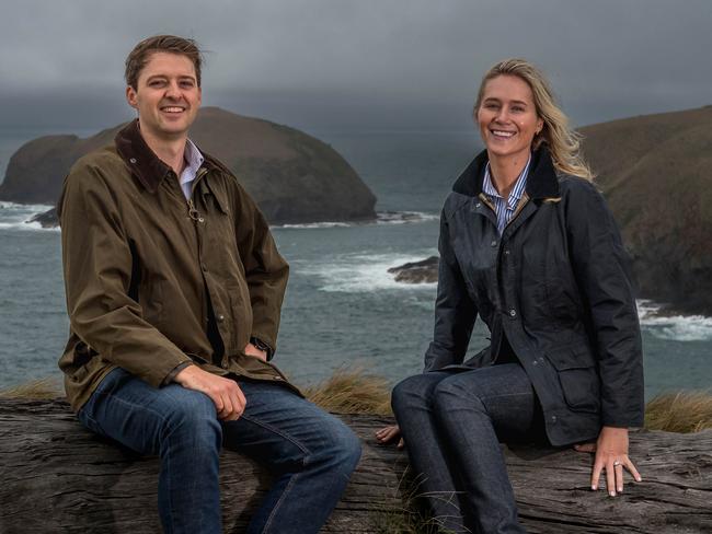 James and Madeleine Roberts-Thomson overlooking The Doughboys and Bass Strait at Cape Grim.January 29 2024 Picture by Phillip Biggs