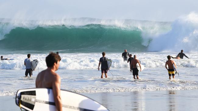 Surfers survey large surf before paddling out at Snapper Rocks on the Gold Coast, this morning. The large swell is courtesy of Tropical Cyclone Gita, which devastated Tonga on Monday. (AAP Image/Dave Hunt)