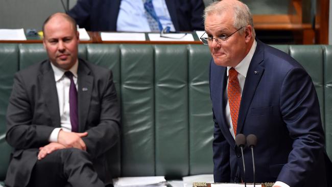 Treasurer Josh Frydenberg and Prime Minister Scott Morrison in parliament following the Federal Budget. Picture: Sam Mooy/Getty