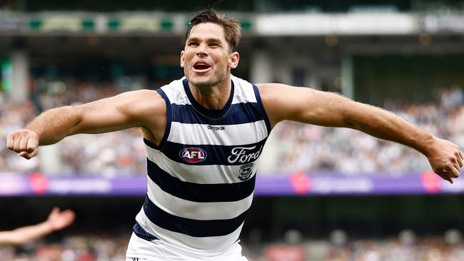 MELBOURNE, AUSTRALIA - APRIL 01: Tom Hawkins of the Cats celebrates a goal in his 350th match during the 2024 AFL Round 03 match between the Hawthorn Hawks and the Geelong Cats at the Melbourne Cricket Ground on April 01, 2024 in Melbourne, Australia. (Photo by Michael Willson/AFL Photos via Getty Images)