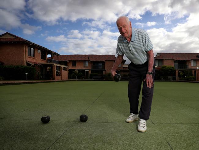 20/04/2020Bob Taylor (95) at the bowls green at the Parkland Villas in Woodlands where he is not allowed to bowl.Pic Colin Murty the Australian
