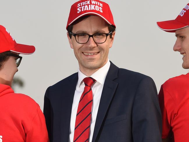 Aproximately 560 days out from the State Election but Bentleigh MP Nick Staikos has already got his "stick with staikos" merchandise out and about.  Nick Staikos with volunteers Breanna Thomas and Will Broadbent at King George Reserve, Bentleigh East. Picture: Chris Eastman