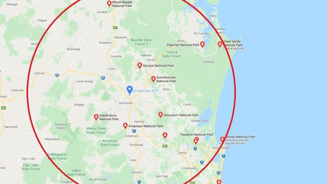 A 50km radius from the centre of Gympie includes Kilkivan, Tin Can Bay, Eumundi and Noosaville.