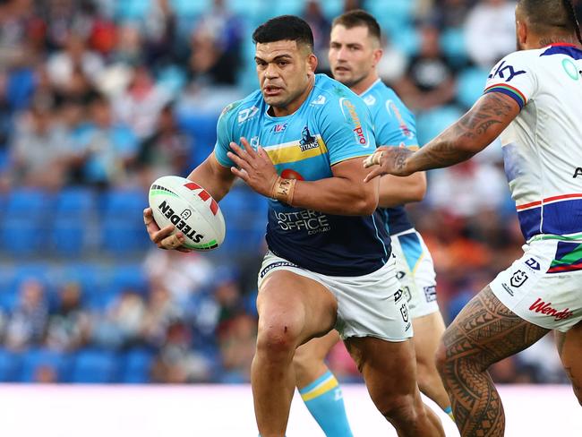 David Fifita of the Titans runs the ball during his mammoth round 16 NRL performance. Picture: Chris Hyde/Getty Images.