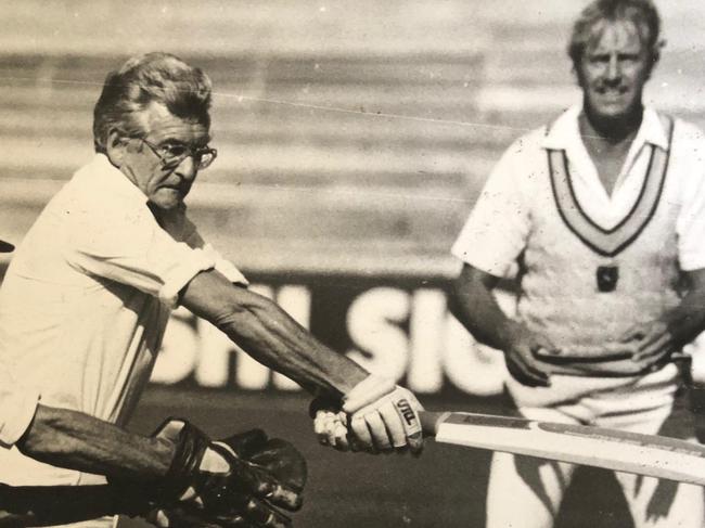 Nigel Murch fields in a Cavaliers fixture as Australian Prime Minister Bob Hawke swishes away outside off-stump.