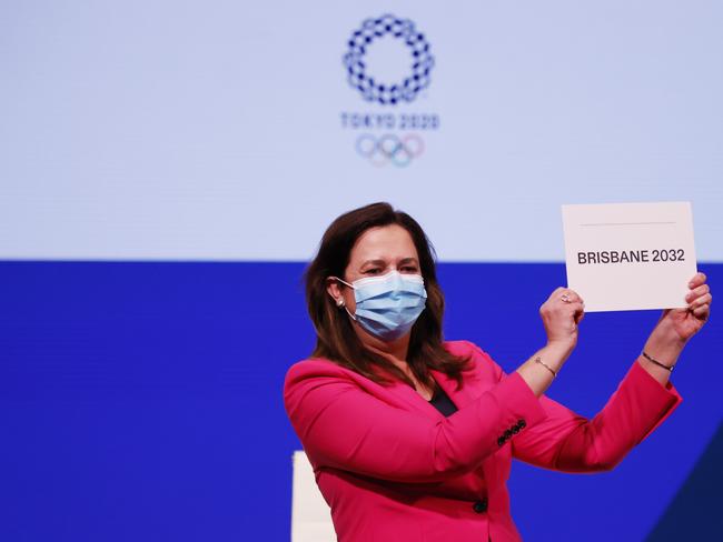 Annastacia Palaszczuk celebrates after Brisbane was announced as the 2032 Summer Olympics host city during the 138th IOC Session at Hotel Okura in Tokyo, Japan.