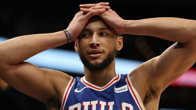 WASHINGTON, DC – DECEMBER 05: Ben Simmons #25 of the Philadelphia 76ers reacts against the Washington Wizards during the first half at Capital One Arena on December 5, 2019 in Washington, DC. NOTE TO USER: User expressly acknowledges and agrees that, by downloading and or using this photograph, User is consenting to the terms and conditions of the Getty Images License Agreement. (Photo by Patrick Smith/Getty Images)