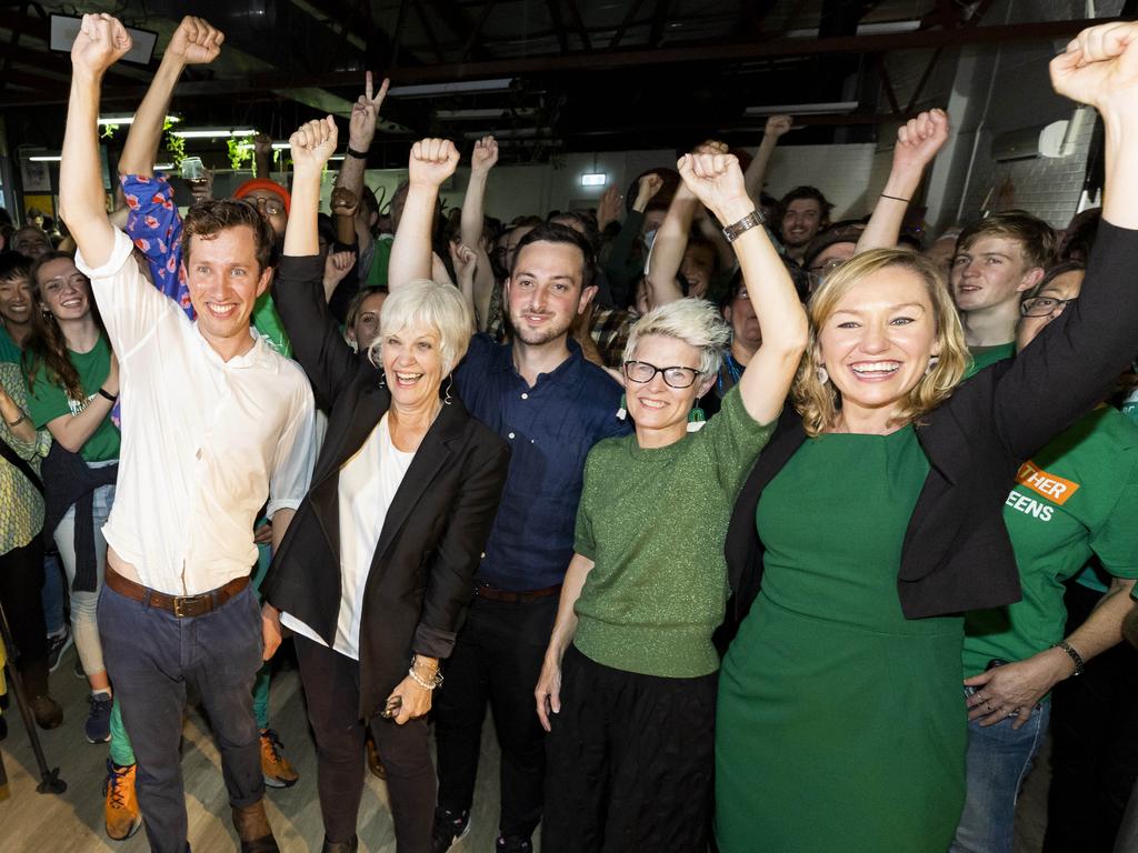 Max Chandler-Mather, Elizabeth Watson-Brown, Stephen Bates, Penny Allman-Payne and Larissa Waters at the Greens party at West End. Picture: Richard Walker