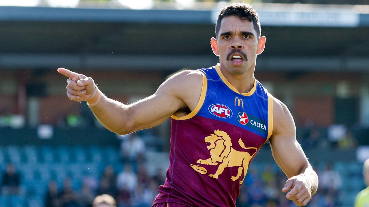 Charlie Cameron celebrates a goal against North Melbourne. Picture: Dylan Burns/AFL Photos via Getty Images