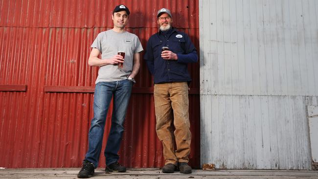 L-R Brendan Parnell co-founder and Scott Overdorf co-founder and head brewer. The Hobart Brewing Company have submitted a proposal to council to temporarily use the 'red shed' that is the former Toll shed at Mac Point. Picture Nikki Davis-Jones