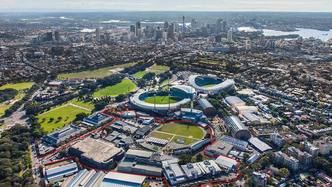 Aerial view of the Moore Park Entertainment Quarter. The lease boundary is outlined in red. Picture: Supplied