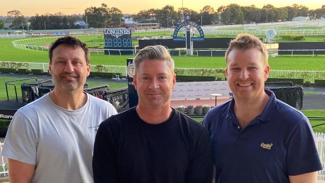 Michael Clarke (middle) with Big Sports Breakfast radio team members Laurie Daley (left) and Gerard Middleton (right). Image: Instagram