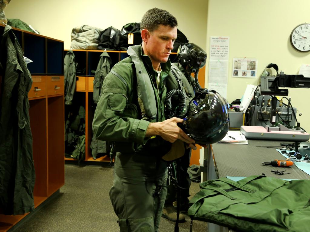 Australian Pilots training in the F35 fighter Jets Luke Airforce Base in Phoenix Arizona. Squadron Leader call sign prepares for a flight. (real names not used for security reasons) Picture: Nathan Edwards