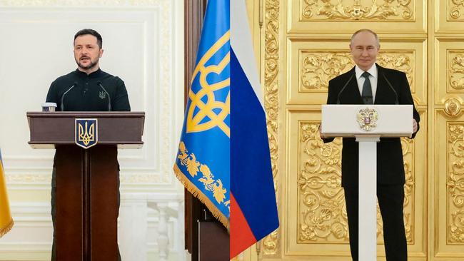 (COMBO) This combination of files pictures created on may 12, 2025 shows (L) a handout photograph taken and released by the Ukrainian Presidential Press Service on March 25, 2025, showing Ukraine's President Volodymyr Zelensky addressing Security Service officers during a ceremony marking the 33rd anniversary of the Security Service of Ukraine in Kyiv and (R) a pool photograph distributed by the Russian state agency Sputnik, Russia's President Vladimir Putin giving a speech during a state awards ceremony for Russian Paralympians, medallists from the Paris 2024 Paralympic Games at the Kremlin in Moscow on December 16, 2024. Following the visit of the leaders of France, Germany, Poland and the UK to Kyiv, where they called for Russia to agree to an unconditional 30-day ceasefire to allow for peace talks -- a proposal they said was backed by the US, Russian President Vladimir Putin May 11, 2025 proposed direct negotiations with Ukraine in Istanbul on May 15, but did not respond to the European call for a 30-day ceasefire. Ukrainian President Volodymyr Zelensky said he would be prepared to meet Putin in Turkey, but did not say whether he would still attend if Russia refused the European proposal. (Photo by KRISTINA KORMILITSYNA and Handout / various sources / AFP) / XGTY / RESTRICTED TO EDITORIAL USE - MANDATORY CREDIT 