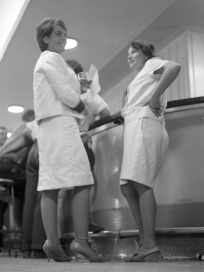 Rosalie Bogner and Merle Thornton chained themselves to a bar in Brisbane to protest for women to be allowed to drink in public bars in 1965. Picture: HWT Library.