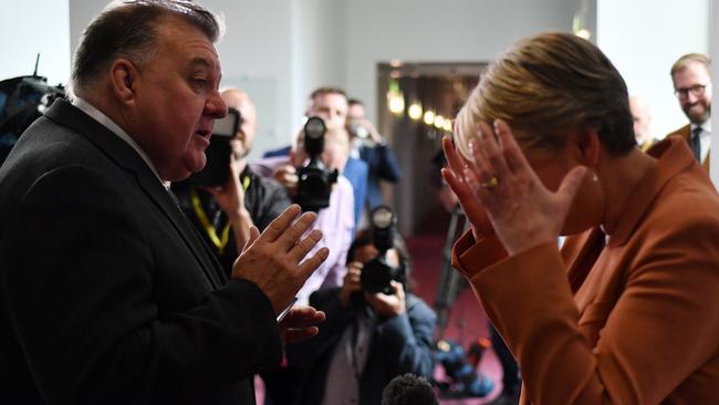 Craig Kelly Tanya Plibersek argue in the press gallery. Picture: Getty Images.