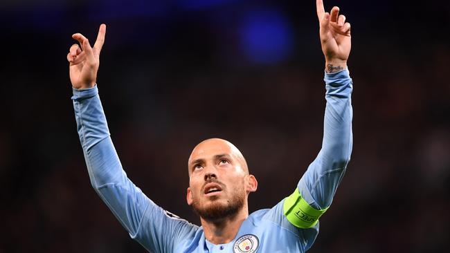 MANCHESTER, ENGLAND - NOVEMBER 07: David Silva of Manchester City celebrates after scoring his team's first goal during the Group F match of the UEFA Champions League between Manchester City and FC Shakhtar Donetsk at Etihad Stadium on November 7, 2018 in Manchester, United Kingdom.  (Photo by Laurence Griffiths/Getty Images)