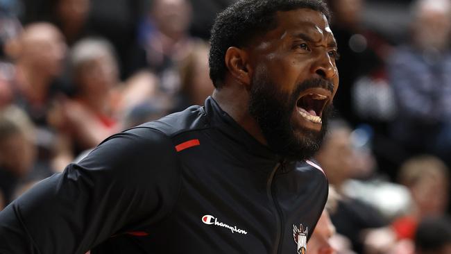 WOLLONGONG, AUSTRALIA - JANUARY 07: Justin Tatum, coach of the Hawks gives instructions from the bench during the round 15 NBL match between Illawarra Hawks and Tasmania Jackjumpers at WIN Entertainment Centre, on January 07, 2025, in Wollongong, Australia. (Photo by Darrian Traynor/Getty Images)