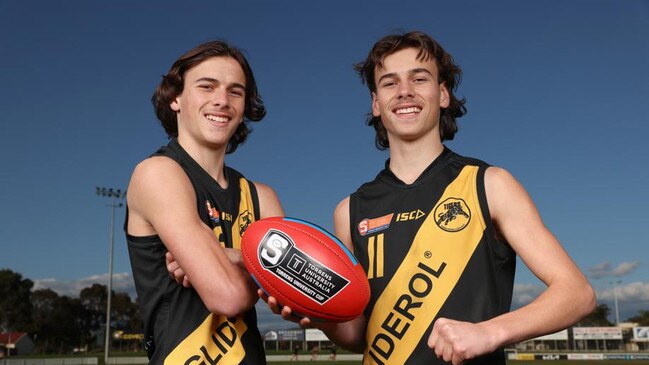 Glenelg twin brothers Ben and Lucas Camporeale – sons of Carlton great Scott Camporeale. Picture: SANFL/Cory Sutton