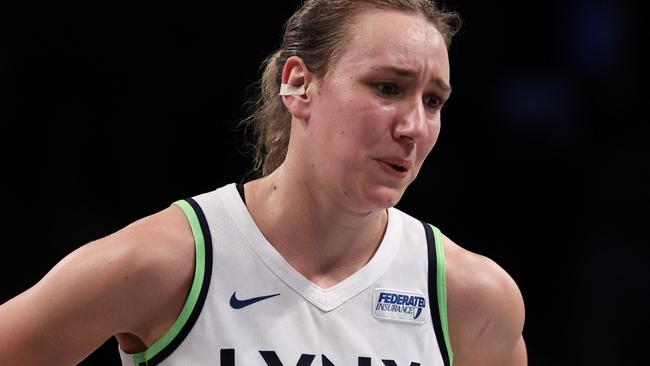 NEW YORK, NEW YORK - OCTOBER 20: (EDITOR'S NOTE: This image was sent with alternate crop.) Alanna Smith #8 of the Minnesota Lynx reacts during the first half against the New York Liberty during Game Five of the WNBA Finals at Barclays Center on October 20, 2024 in New York City. (Photo by Elsa/Getty Images)