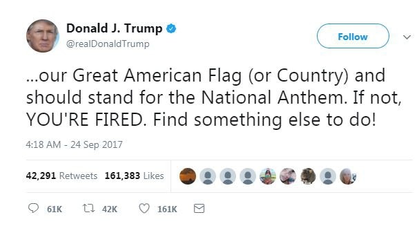 Tweets made by the US President Donald Trump about the kneeling protests made by many US NFL teams.Picture: Twitter @realDonaldTrump