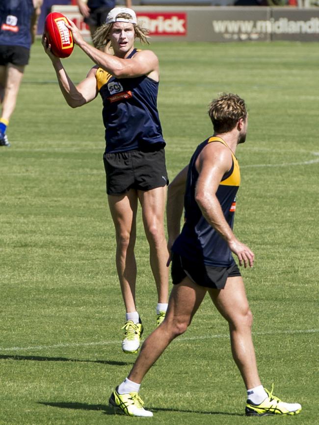 West Coast Eagles players during an open training session at Subiaco Oval on Wednesday. Pictured is Tom Lamb. Picture: Matthew Poon