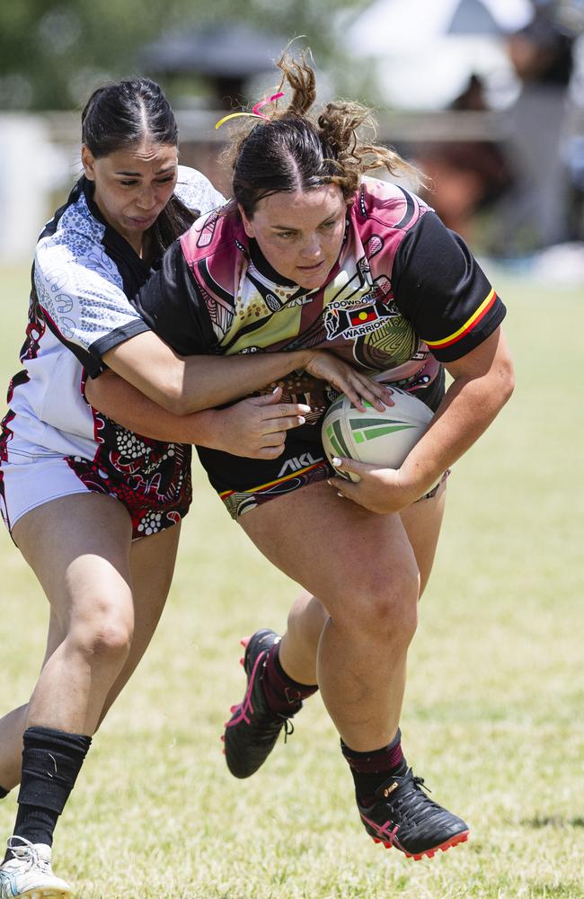 Taylah Hancock of Toowoomba Warriors against Bradley Dahlstrom Memorial in the Warriors Reconciliation Carnival women's games hosted by Toowoomba Warriors at Jack Martin Centre, Saturday, January 18, 2025. Picture: Kevin Farmer