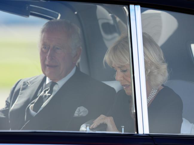 King Charles III and Camilla, Queen Consort leave Edinburgh Airport in a State Car on their way to Holyroodhouse. Picture: Robert Perry/Getty Images