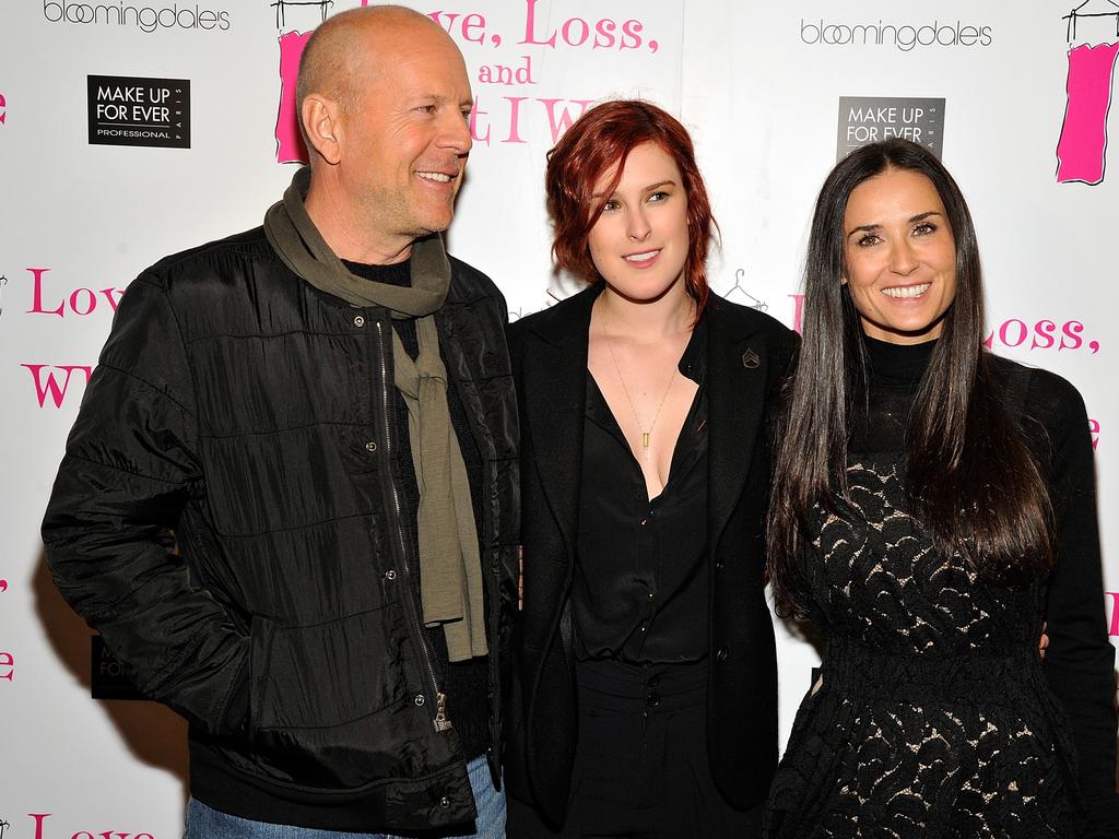 Bruce Willis and Demi Moore with their daughter, Rumer, who revealed her father’s health condition in an Instagram post. Picture: Getty Images