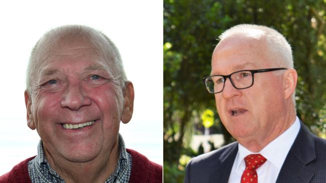 Mooloolaba Chamber of Commerce president Graeme Juniper, left, and Mayor Mark Jamieson have faced off over paid parking plans.