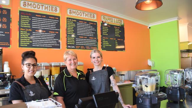 Kiahnee Eggmolesse, Sandra Rowcliffe and Lauren Stevens on the opening day of the North Rockhampton store. Picture: Vanessa Jarrett