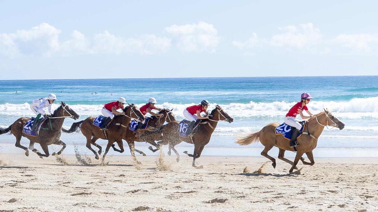 The iconic Magic Millions beach race on Tuesday. Picture by Luke Marsden.