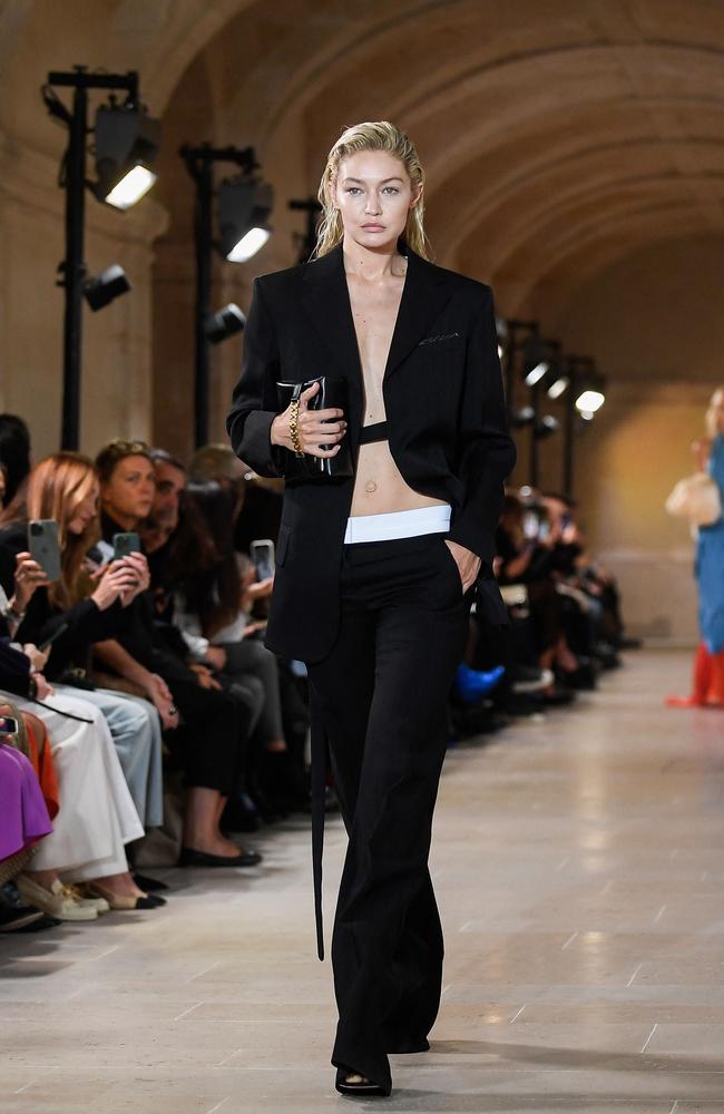 Gigi Hadid sans bra on the runway for Victoria Beckham. Picture: AFP