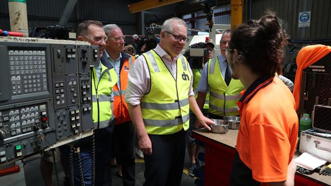 Scott Morrison visits a hydraulics company in Devonport, Tasmania, on Tuesday. Picture: Adam Taylor