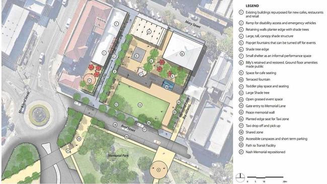 RECREATION: A concept plan for the Mary St pedestrian plaza. Picture: Contributed